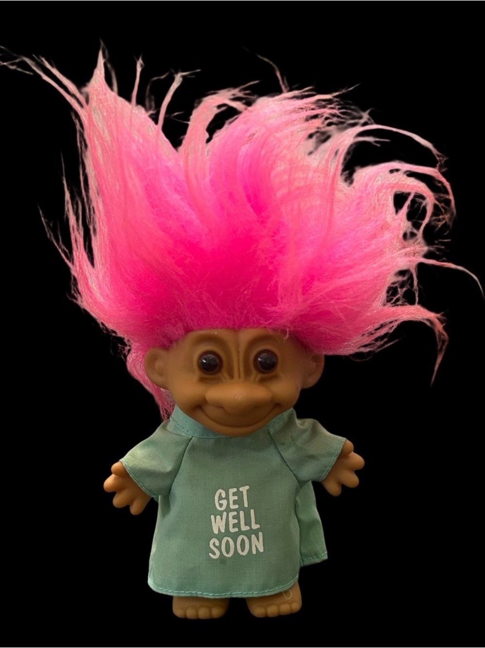 Russ Berrie "Get Well Soon" Troll Doll Pink Hair Butt Showing Hospital Gown